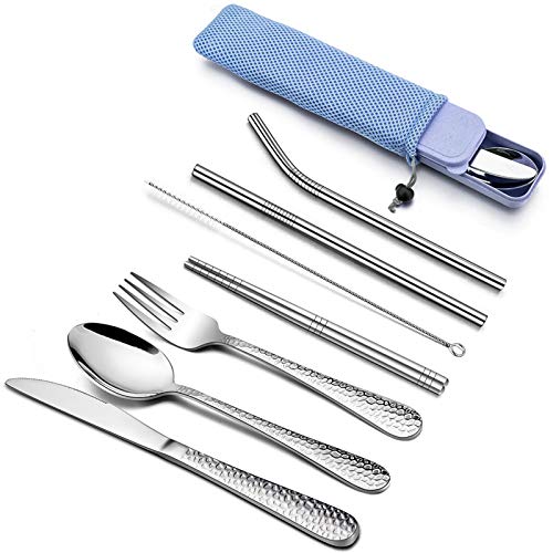 HaWare Campingbesteck, 9-teilig Edelstahl Outdoor Reisebesteck Wanderbesteck, Tragbares Picknick Besteck Set mit Messer Gabel Löffel, Metallstrohhalme, Essstäbchen, Reinigungsbürste, Blau Etui &Tasche von HaWare