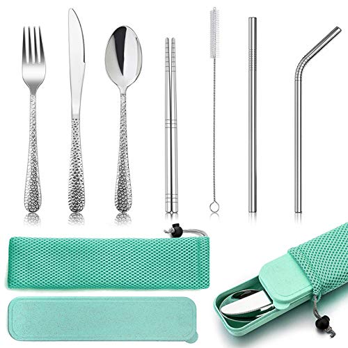 HaWare Campingbesteck, 9-teilig Edelstahl Outdoor Reisebesteck Wanderbesteck, Tragbares Picknick Besteck Set mit Messer Gabel Löffel, Metallstrohhalme, Essstäbchen, Reinigungsbürste, Grün Etui &Tasche von HaWare