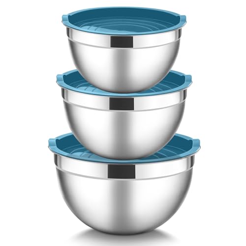 HaWare Edelstahl-Rührschüssel-Set, 3 Stück, Salatschüsseln, Metall, zum Backen, Zubereiten, Servieren, zur Aufbewahrung von Lebensmitteln, 1,5/3/4,5 QT, luftdichte Deckel, robust und HaWare Edelstahl-Rührschüssel-Set, 3 Stück, Salatschüsseln, Metall, zum Backen, Zubereiten, Servieren, zur Aufbewahrung von Lebensmitteln, 1,5/3/4,5 QT, luftdichte Deckel, robust und von HaWare