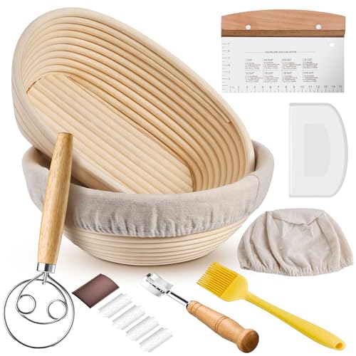 HaWare Gärkörbchen, 25cm Gärkorb Oval & Rund Brot Set mit Futter, Bäckermesser, Dänischer Schneebesen, Sauerteig Brotkorb Backen Zubehör Set für Heim- und professionelle Bäcker - Gesundes Rattan von HaWare