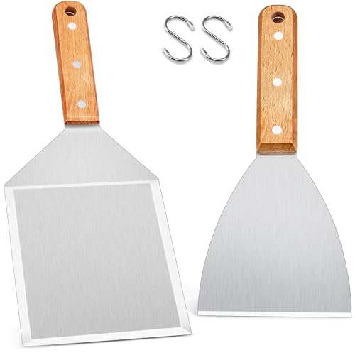 HaWare Grillspachtel, 2 Stück Edelstahl Plancha Spachtel Set mit Holzgriff für Smash Burger, Grillspachtel Grillwender für Gasgrill/Feuerplatte/Teppanyaki, Ideales Grill Zubehör von HaWare