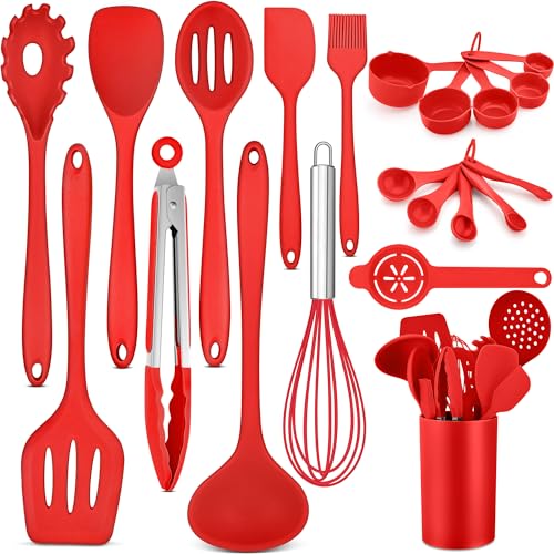 HaWare Küchenhelfer, 21 Stück Silikon Küchenutensilien Kochbesteck Set, Hitzebeständig Kochutensilien Kochgeschirr mit Utensilienhalter, Antihaft Küchenset für Kochen Backen, Spülmashinenfest - Rot von HaWare