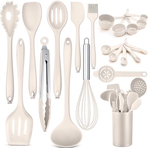 HaWare Küchenhelfer, 21 Stück Silikon Küchenutensilien Kochbesteck Set, Hitzebeständig Kochutensilien Kochgeschirr mit Utensilienhalter, Antihaft Küchenset für Kochen Backen, Spülmashinenfest - Khaki von HaWare