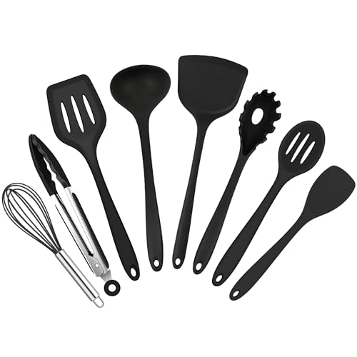HaWare Küchenhelfer Set, 8 Stück Schwarz Silikon Küchenutensilien Kochutensilien, Hitzebeständiger Kochgeschirr Kochbesteck Set zum Kochen Backen, Gesund & Antihaft, Spülmaschinenfest von HaWare