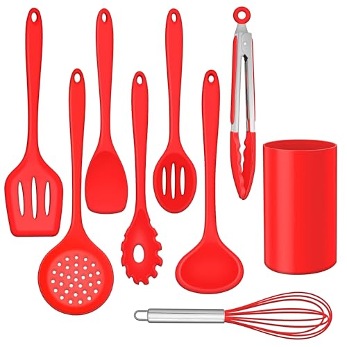 HaWare Küchenhelfer Set, 9-teiliges Silikon Küchenutensilien Kochbesteck Set, Hitzebeständiges Kochutensilien Kochgeschirr, Antihaft Küchenset mit Utensilienhalter, Spülmashinenfest - Rot von HaWare