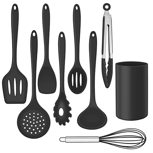 HaWare Küchenhelfer Set, 9-teiliges Silikon Küchenutensilien Kochbesteck Set, Hitzebeständiges Kochutensilien Kochgeschirr, Antihaft Küchenset mit Utensilienhalter, Spülmashinenfest - Schwarz von HaWare