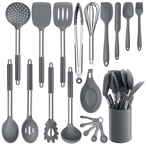 HaWare Küchenutensilien Set, 20 Stück Küchenhelfer Kochbesteck Set, Silikon Kochgeschirr Kochutensilien mit Edelstahlgriff, Hitzebeständiges Küchenset mit Utensilienhalter, Spülmaschinenfest - Grau von HaWare