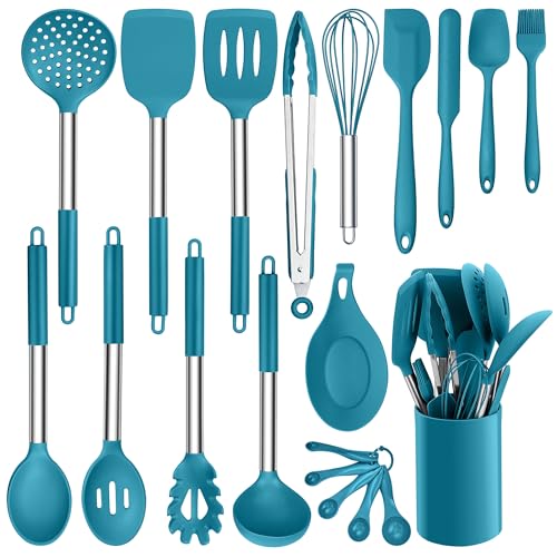 HaWare Küchenutensilien Set, 20 Stück Küchenhelfer Kochbesteck Set, Silikon Kochgeschirr Kochutensilien mit Edelstahlgriff, Hitzebeständiges Küchenset mit Utensilienhalter, Spülmaschinenfest - Blau von HaWare