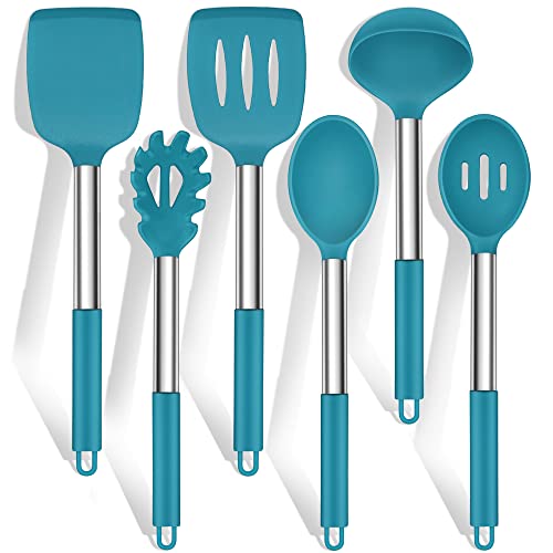 Küchenhelfer Set, HaWare 6 Stück Silikon Küchenutensilien Kochlöffel Set mit Edelstahlgriff, Antihaft Hitzebeständiger Kochutensilien Kochbesteck Set, Leicht zu Reinigen & Spülmaschinenfest - Blau von HaWare