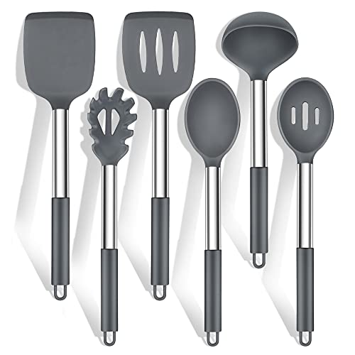 Küchenhelfer Set, HaWare 6 Stück Silikon Küchenutensilien Kochlöffel Set mit Edelstahlgriff, Antihaft Hitzebeständiger Kochutensilien Kochbesteck Set, Leicht zu Reinigen & Spülmaschinenfest - Grau von HaWare