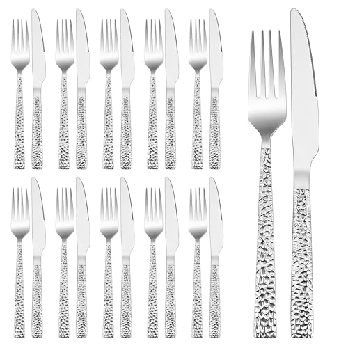 HaWare Steakbesteck Set für 12 Personen, 24-teilig Edelstahl Tafelmesser und Tafelgabel Set, Messer und Gabel Besteck Set mit Hammergriff, Steakmessr Steakgabel Set für Steak/Pizza, Spülmaschinenfest von HaWare