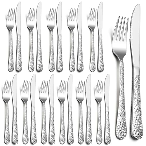 HaWare Steakbesteck Set für 12 Personen, 24-teilig Edelstahl Tafelmesser und Tafelgabel Set, Messer und Gabel Besteck Set mit Hammergriff, Steakmessr Steakgabel Set für Steak/Pizza, Spülmaschinenfest von HaWare