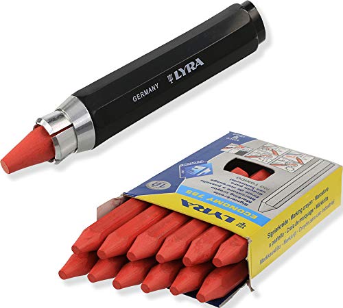 Lyra Profi Markierkreide mit Kreidehalter - Signierkreide für Holz, Metall, Stein, Beton, Fliesen, Forstkreide, 12 Stück (Rot) von HaWe