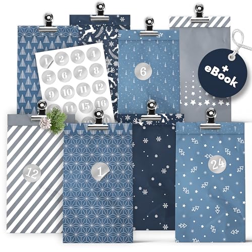 Håvn Adventskalender zum Befüllen - 24 Papier Adventstüten (mit Holzklammern) zum Basteln für Weihnachten - Papier Weihnachtstüten mit Zahlenaufkleber von Håvn