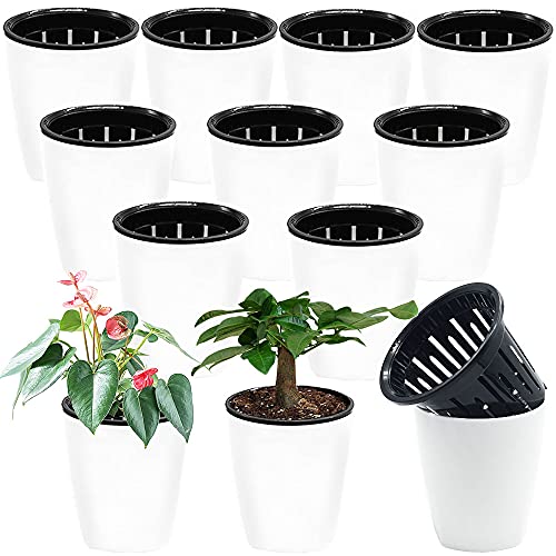 Haawooky Selbstbewässernder Kunststoff-Blumentopf, 10,2 cm, mit Innentopf, selbstbewässernder Übertopf, weißer Blumentopf für Kräuter, Blumen, alle Zimmerpflanzen, Sukkulenten von Haawooky