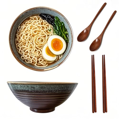 2 Sets 1000 ml Ramen Bowl mit Löffel und Essstäbchen, Ramen Schüssel Keramik, Suppenschalen Rührschüsseln, Japanische Suppenschüssel, Salatschale für Nudeln (Pawenschwanz) von Haayymo