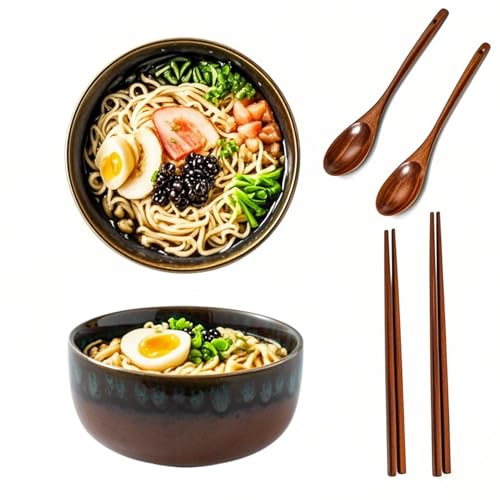 2 Sets 1000 ml Ramen Bowl mit Löffel und Essstäbchen, Ramen Schüssel Keramik, Suppenschalen Rührschüsseln, Japanische Suppenschüssel, Salatschale für Nudeln (Pawenschwanz (Schale)) von Haayymo