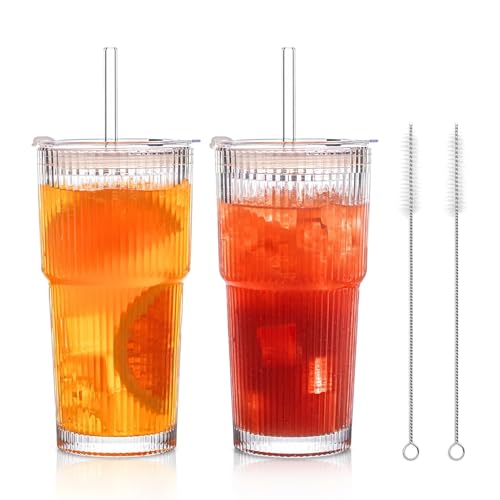 2 Stück 600ml Gerippte Glasbecher mit Deckel und Strohhalm, dickwandige und robuste Smoothie Becher aus hochwertigem Glas, luftdichtes und wasserdichtes Design, ideal als Kaffee (Vertikale Linien) von Haayymo