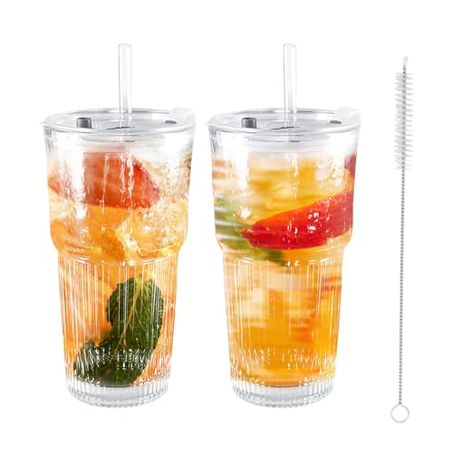 Haayymo 2 Stück 600ml Gerippte Glasbecher mit Deckel und Strohhalm, dickwandige und robuste Smoothie Becher aus hochwertigem Glas, luftdichtes und wasserdichtes Design, ideal als Kaffee (Makadam) von Haayymo