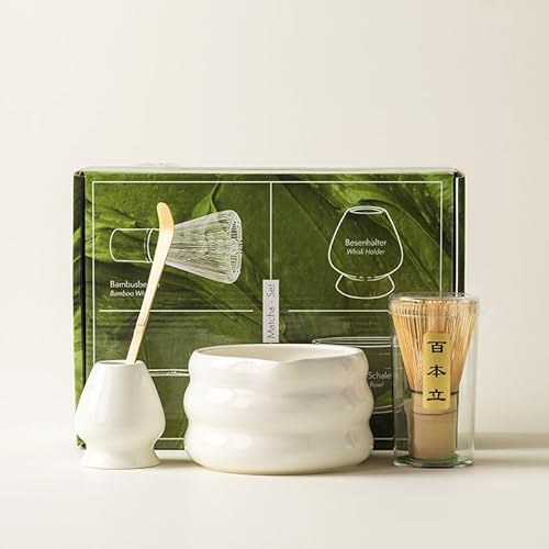 Matcha-Schneebesen-Set, Matcha-Teeset mit Schneebesen und Schüssel, Matcha-Löffel, Schneebesenhalter, 500 ml Keramikschale mit Ausgießer, handgefertigtes Matcha-Set zum Teetrinken (weiß), 4-teilig von Haayymo