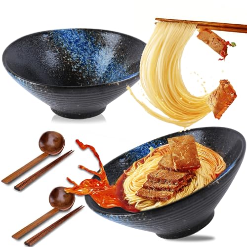 Ramen Schüssel Keramik Set 2×1000ml, 33oz Japanisches Porzellan Geschirr mit, Ramen Bowl mit Essstäbchen Löffel, Suppenschalen Rührschüsseln, Salatschale für Nudeln Getreide (Blau) von Haayymo