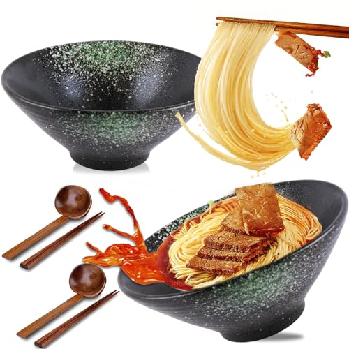 Ramen Schüssel Keramik Set 2×1000ml, 33oz Japanisches Porzellan Geschirr mit, Ramen Bowl mit Essstäbchen Löffel, Suppenschalen Rührschüsseln, Salatschale für Nudeln Getreide (Grün) von Haayymo