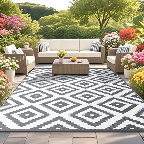 Habaylin Outdoor Teppich Wetterfest, Wendbarer Balkon Teppich 180x270 cm, Leichtgewicht Picknickdecke Vorzeltteppich für Camping Terrasse Garten, Grau von Habaylin