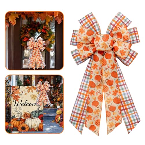 Habbiful Große Herbst-Kürbis-Schleife für Herbstkranz, Herbstkranz, Schleife für Thanksgiving, Haustür, Innen- und Außenbereich, Wand-Baumspitze, Party, Heimdekoration, Hängeornament von Habbiful