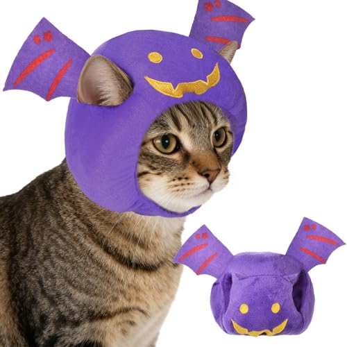Habbiful Katzen-Halloween-Kostüm, Fledermausflügel-Hut für Hunde und Katzen, verstellbar, niedlich, lila, Fledermausmütze, Festival, Haustier-Kopf-Verkleidung, Zubehör für Halloween, Welpen, Kätzchen von Habbiful