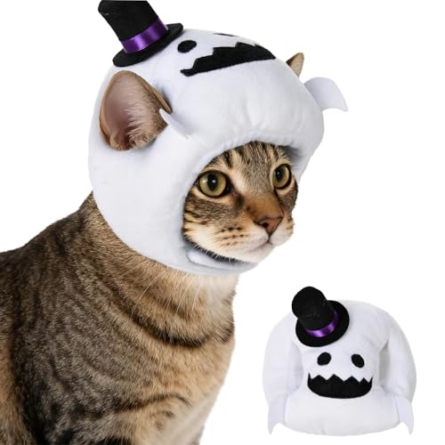 Habbiful Katzen-Halloween-Kostüme, Halloween-Geisterhut für Hunde und Katzen, verstellbar, niedlich, weiß, Geistermütze mit Hut, Festival, Haustierkopf, Verkleidung, Zubehör für Halloween, Welpen von Habbiful
