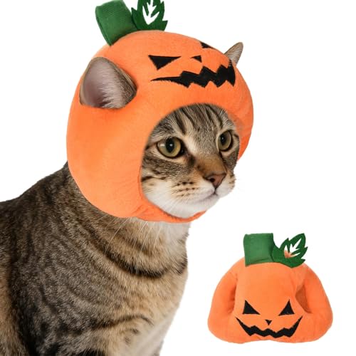 Habbiful Katzen-Halloween-Kostüme, Halloween-Kürbis-Hut für Hunde und Katzen, verstellbar, niedlich, orangefarbene Kürbiskappe, Festival, Haustier-Kopf-Verkleidung, Zubehör für Halloween, Welpen von Habbiful