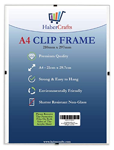 Habercrafts A4-Clip-Rahmen zum Aufhängen, starkes Glas, freier, rahmenloser, transparenter Rahmen für Poster, Zertifikate, Fotos, Comics, leicht, 210 mm x 297 mm (A4-Clip-Rahmen – 12 Rahmen) von Habercrafts