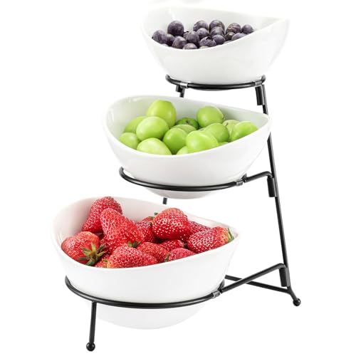 HBlife 3-stöckiges ovales Schüssel-Set mit Metallregal, Keramik-Obstschale, Servierständer für Dessert, Vorspeisen, Kuchen, Süßigkeiten, Chips, Dip (schwarz) von hblife