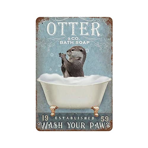 Habilboi Vintage-Blechschild Otter für Badezimmer, Otter Co. Badeseife, waschen Sie Ihre Pfoten, Wanddekoration, Plakette für Badezimmer, WC, Zuhause, Metallposter, 14 x 20,3 cm von Habilboi