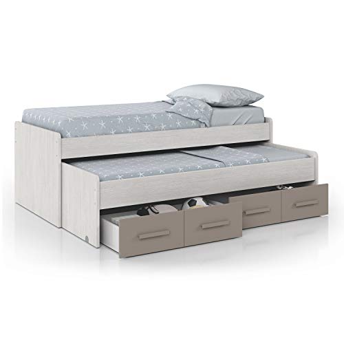 Bettrahmen mit zweitem ausziehbarem Bett mit Kommode, Farbe weiß mit Heller Holzoptik und braun, 199 x 65 x 95 cm. von Habitdesign