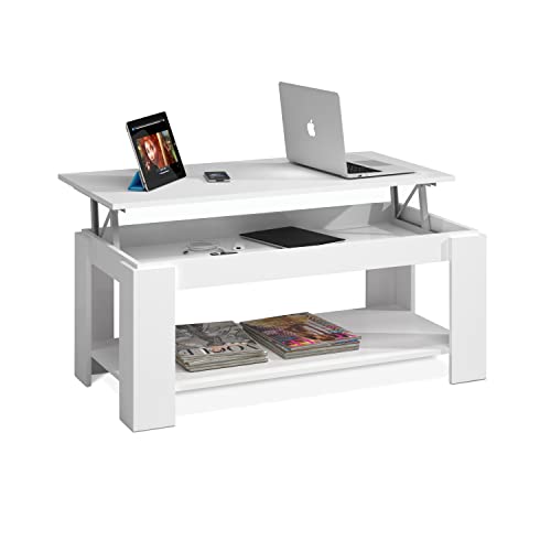 Couchtisch mit ausziehbarer Platte und Stauraum und unterer Ablage, Farbe matt weiß, Maße 102 x 43 x 50 cm (Höhe kann von 43 auf 54 cm erhöht Werden) von Habitdesign