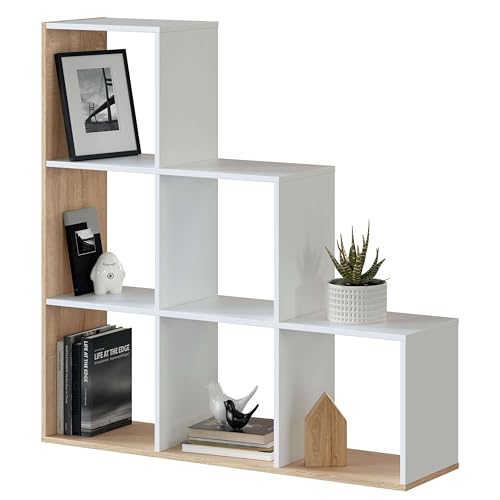 Habitdesign Lua, Bücherregal, Wohnzimmer, Esszimmer oder Büro, Finish in Arktisweiß und kanadischer Eiche, Maße: 110 cm (H) x 108 cm (B) x 28 cm (T) von Habitdesign