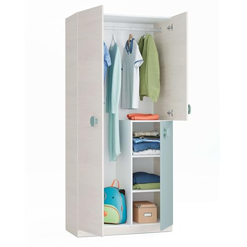 Dreitüriger Kleiderschrank mit Kleiderstange und drei Innenböden, Farbe weiß mit heller Holzoptik mit wassergrünem Türdetail, 90x 200 x 52 cm. Dreitüriger Kleiderschrank mit Kleiderstange und drei Innenböden, Farbe weiß mit heller Holzoptik mit wassergrünem Türdetail, 90x 200 x 52 cm. von Habitdesign