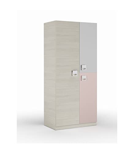 Dreitüriger Kleiderschrank mit Kleiderstange und drei Innenböden, Holzoptik grau mit rosa Türdetail, Maße 90 x 200 x 52 cm von Habitdesign