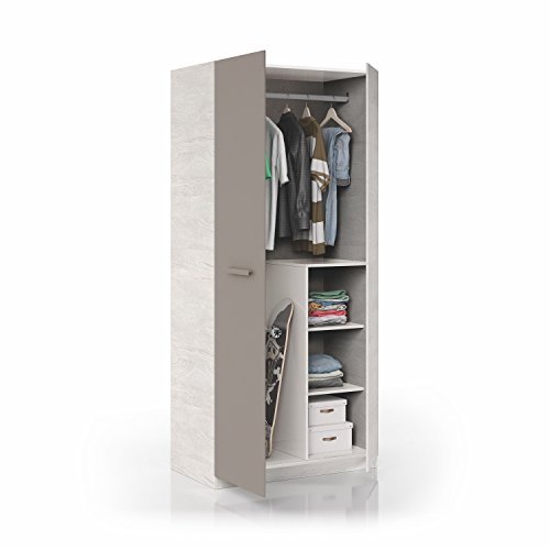 Dreitüriger Kleiderschrank mit Kleiderstange und drei Innenböden, Holzoptik weiß mit braunem Türdetail, Maße 90 x 200 x 52 cm von Habitdesign