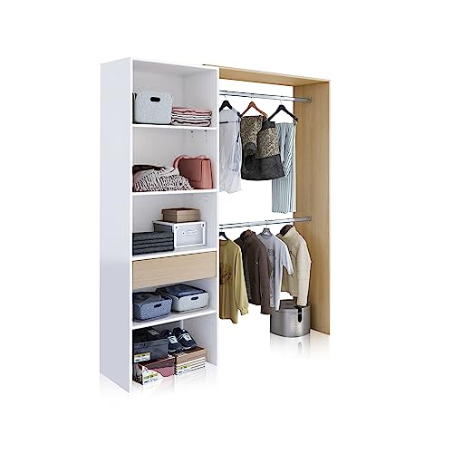 Habitdesign, offener Ankleideschrank mit 2 Kleiderstangen, 4 Einlegeböden und 1 Schublade – wandelbares offenes Schranksystem in Artik weiß und Eiche, Maße: 158 x 187 x 40 cm (B x H x T), Modell Dress von Habitdesign