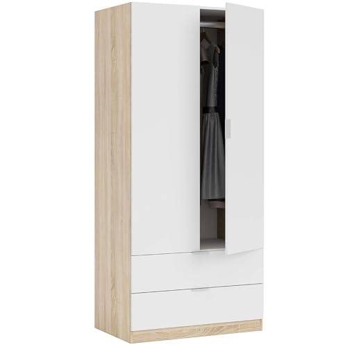 Habitdesign, Kleiderschrank mit 2 Drehtüren und 2 Schubladen – kompakter Schrank in Artik weiß und kanadischer Eiche, viel Stauraum, Maße: 81 x 180 x 52 cm (B x H x T), Modell Low Cost von Habitdesign