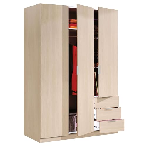 Habitdesign, Kleiderschrank mit 3 Türen und 3 Schubladen, 121 x 180 x 52 cm (B x H x T), Eiche von Habitdesign