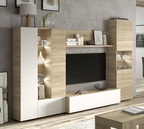 Habitdesign, Moderne Wohnwand 260 cm breit, TV-Möbel in kanadischer Eiche und Weiß Hochglanz, kompaktes Wohnzimmer-Set mit viel Stauraum, Maße: 260 x 185 x 42 cm (B x H x T), Modell Essential von Habitdesign