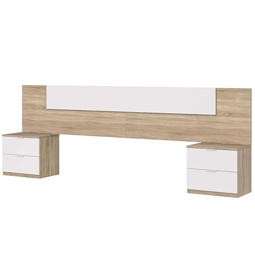 Habitdesign Alaya, Kopfteil + 2 Nachttische, 247 x 50 x 38 cm (B x H x T), Arktisweiß und kanadische Eiche von Habitdesign