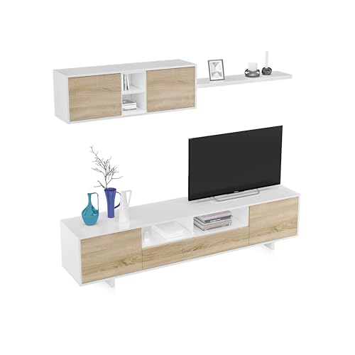 Habitdesign Moderne Wohnzimmermöbel, Modell Belus, Finish in glänzendem Weiß und kanadischer Eiche, Maße: 200 cm (Breite) x 41 cm (Tiefe) x 46 cm (Höhe) von Habitdesign