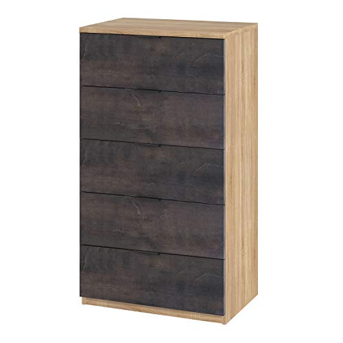 Habitdesign Alaya, Kommode mit 5 Schubladen, 110 x 60 x 40 cm (H x B x T), Sinfonier, 5 Schubladen, Farbe: kanadische Eiche und Rost von Habitdesign