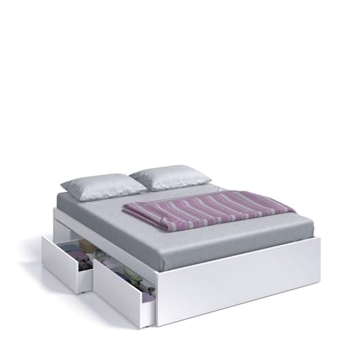 Habitdesign Bett mit 4 Schubladen für Lattenrost 150 x 190 cm, artik, Holzwerkstoff, Arktik-Weiß, 196 x 156 x 37 cm von Habitdesign