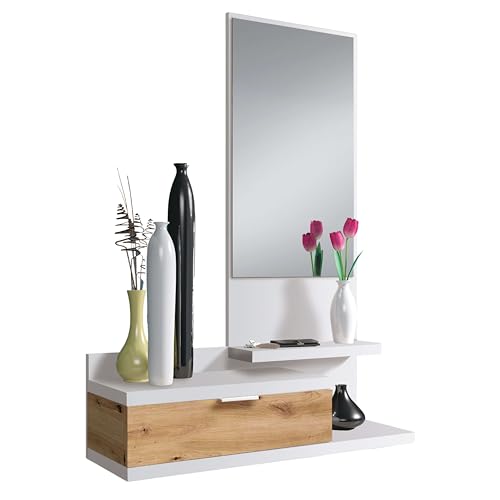 Habitdesign Dahlia, Flurablage mit Schublade und Spiegel, Eingangsmöbel, Arktisweiß und Nodi-Eiche, Maße: 81 cm (B) x 116 cm (H) x 29 cm (T). von Habitdesign