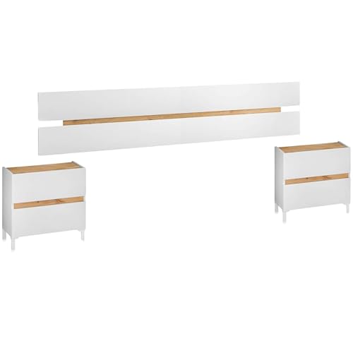 Habitdesign Kopfteil + 2 Tische mit 2 Schubladen, Modell Tempus, weißes Artik-Finish und Nodi-Eiche, Maße: 100 cm (Höhe) x 255 cm (Breite) x 34 cm (Tiefe) von Habitdesign